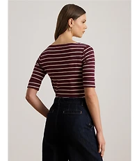 Lauren Ralph Lauren Knit Stripe Stretch Cotton Boat Neck Elbow Sleeve Tee