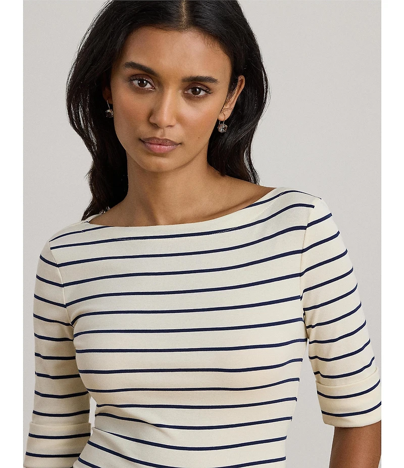 Lauren Ralph Lauren Knit Stripe Stretch Cotton Boat Neck Elbow Sleeve Tee