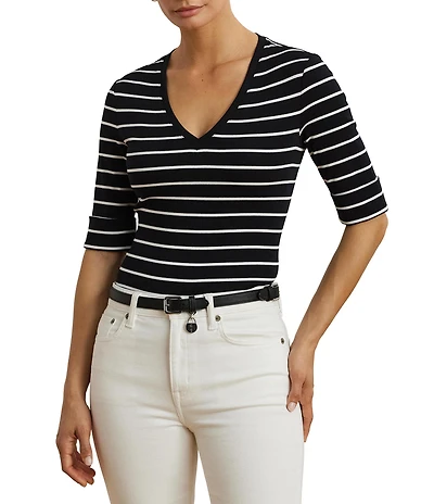 Lauren Ralph Lauren Knit Stripe Stretch Cotton V-Neck Elbow Sleeve Tee