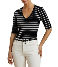 Lauren Ralph Lauren Knit Stripe Stretch Cotton V-Neck Elbow Sleeve Tee
