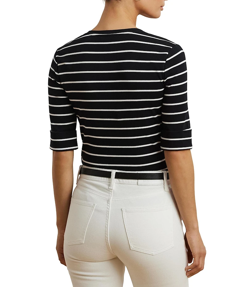 Lauren Ralph Lauren Knit Stripe Stretch Cotton V-Neck Elbow Sleeve Tee
