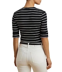 Lauren Ralph Lauren Knit Stripe Stretch Cotton V-Neck Elbow Sleeve Tee