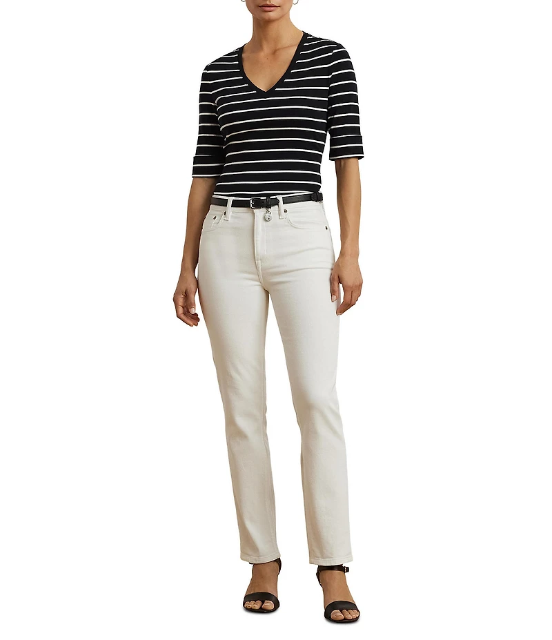 Lauren Ralph Lauren Knit Stripe Stretch Cotton V-Neck Elbow Sleeve Tee