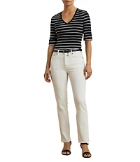 Lauren Ralph Lauren Knit Stripe Stretch Cotton V-Neck Elbow Sleeve Tee