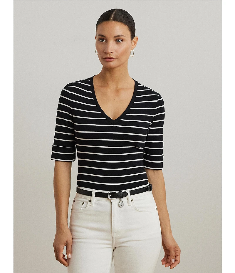 Lauren Ralph Lauren Knit Stripe Stretch Cotton V-Neck Elbow Sleeve Tee