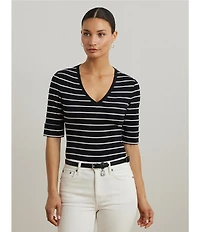 Lauren Ralph Lauren Knit Stripe Stretch Cotton V-Neck Elbow Sleeve Tee