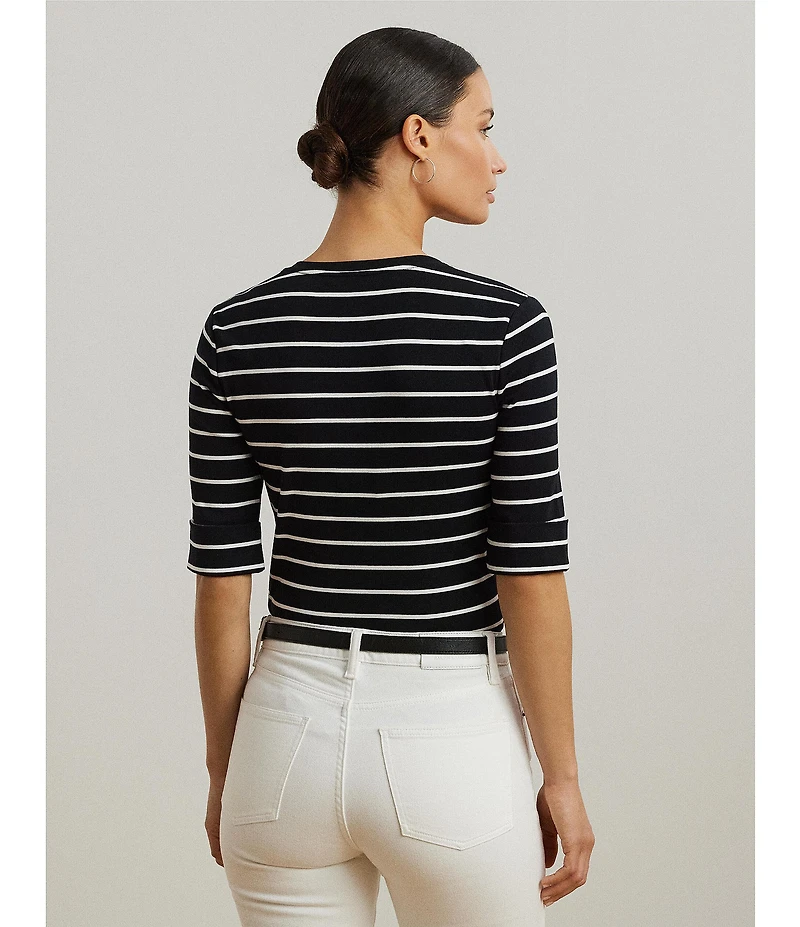 Lauren Ralph Lauren Knit Stripe Stretch Cotton V-Neck Elbow Sleeve Tee