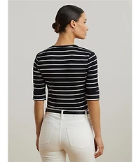 Lauren Ralph Lauren Knit Stripe Stretch Cotton V-Neck Elbow Sleeve Tee