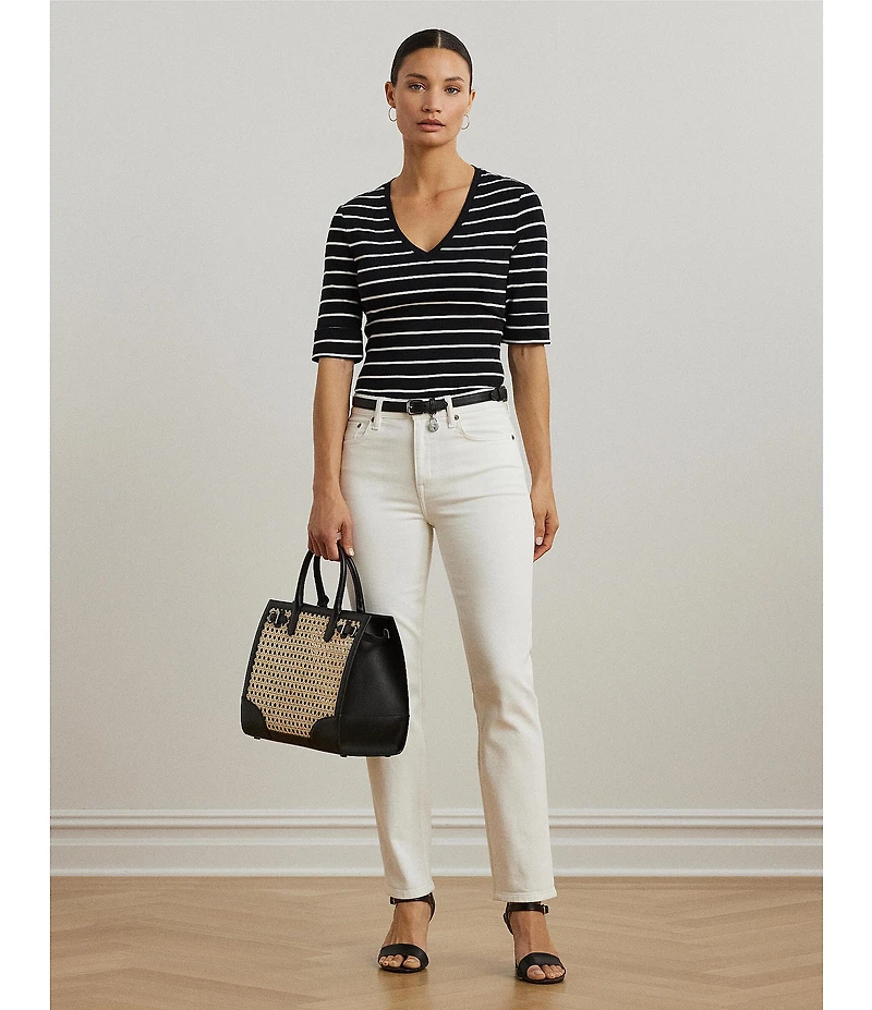 Lauren Ralph Lauren Knit Stripe Stretch Cotton V-Neck Elbow Sleeve Tee
