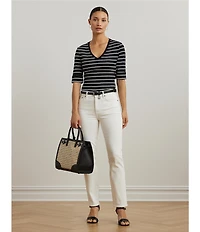 Lauren Ralph Lauren Knit Stripe Stretch Cotton V-Neck Elbow Sleeve Tee