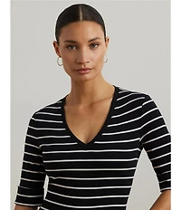 Lauren Ralph Lauren Knit Stripe Stretch Cotton V-Neck Elbow Sleeve Tee