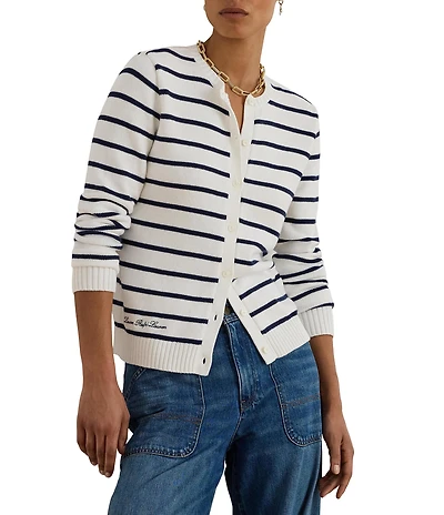 Lauren Ralph Lauren Knit Striped Ribbed Crew Neck Long Sleeve Button-Front Cardigan