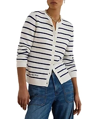 Lauren Ralph Lauren Knit Striped Ribbed Crew Neck Long Sleeve Button-Front Cardigan