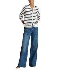 Lauren Ralph Lauren Knit Striped Ribbed Crew Neck Long Sleeve Button-Front Cardigan