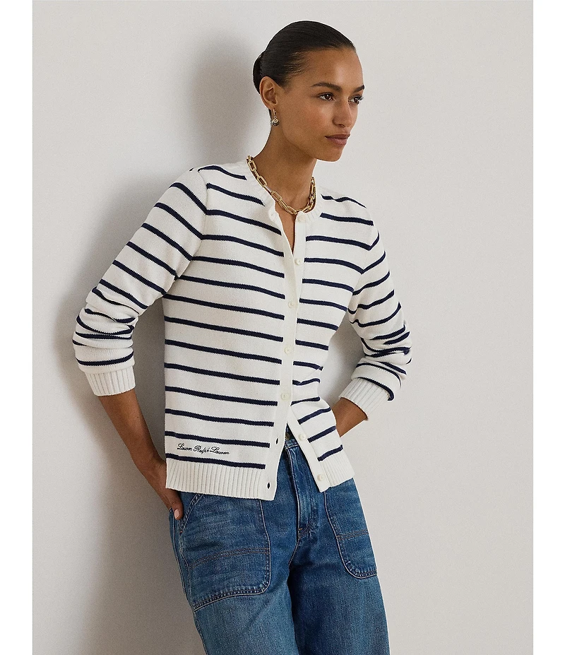 Lauren Ralph Lauren Knit Striped Ribbed Crew Neck Long Sleeve Button-Front Cardigan