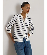 Lauren Ralph Lauren Knit Striped Ribbed Crew Neck Long Sleeve Button-Front Cardigan