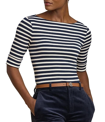 Lauren Ralph Lauren Knit Striped Stretch Cotton Boat Neck Elbow Sleeve Tee