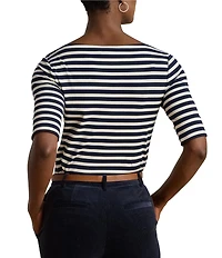 Lauren Ralph Lauren Knit Striped Stretch Cotton Boat Neck Elbow Sleeve Tee