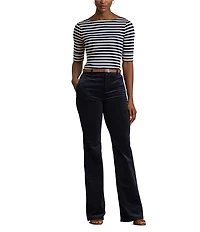 Lauren Ralph Lauren Knit Striped Stretch Cotton Boat Neck Elbow Sleeve Tee