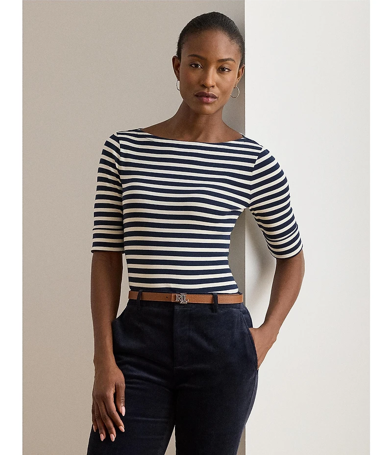 Lauren Ralph Lauren Knit Striped Stretch Cotton Boat Neck Elbow Sleeve Tee