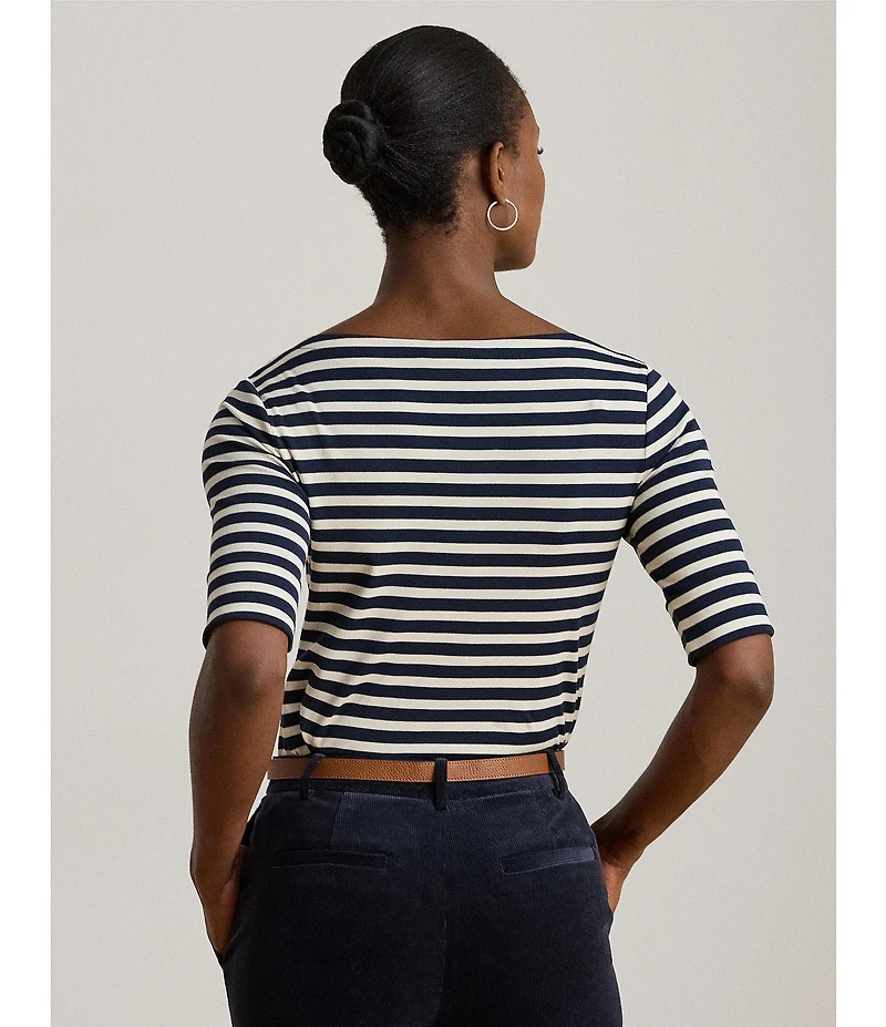 Lauren Ralph Lauren Knit Striped Stretch Cotton Boat Neck Elbow Sleeve Tee