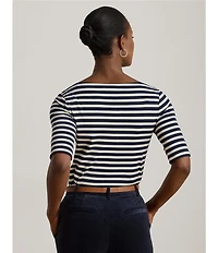 Lauren Ralph Lauren Knit Striped Stretch Cotton Boat Neck Elbow Sleeve Tee