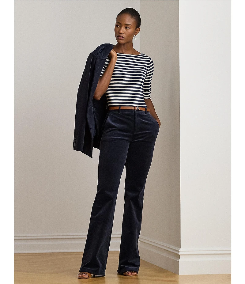 Lauren Ralph Lauren Knit Striped Stretch Cotton Boat Neck Elbow Sleeve Tee