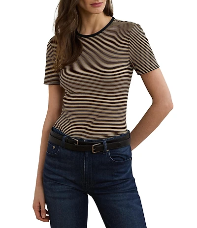 Lauren Ralph Lauren Knit Striped Stretch Cotton Crew Neck Short Sleeve Tee