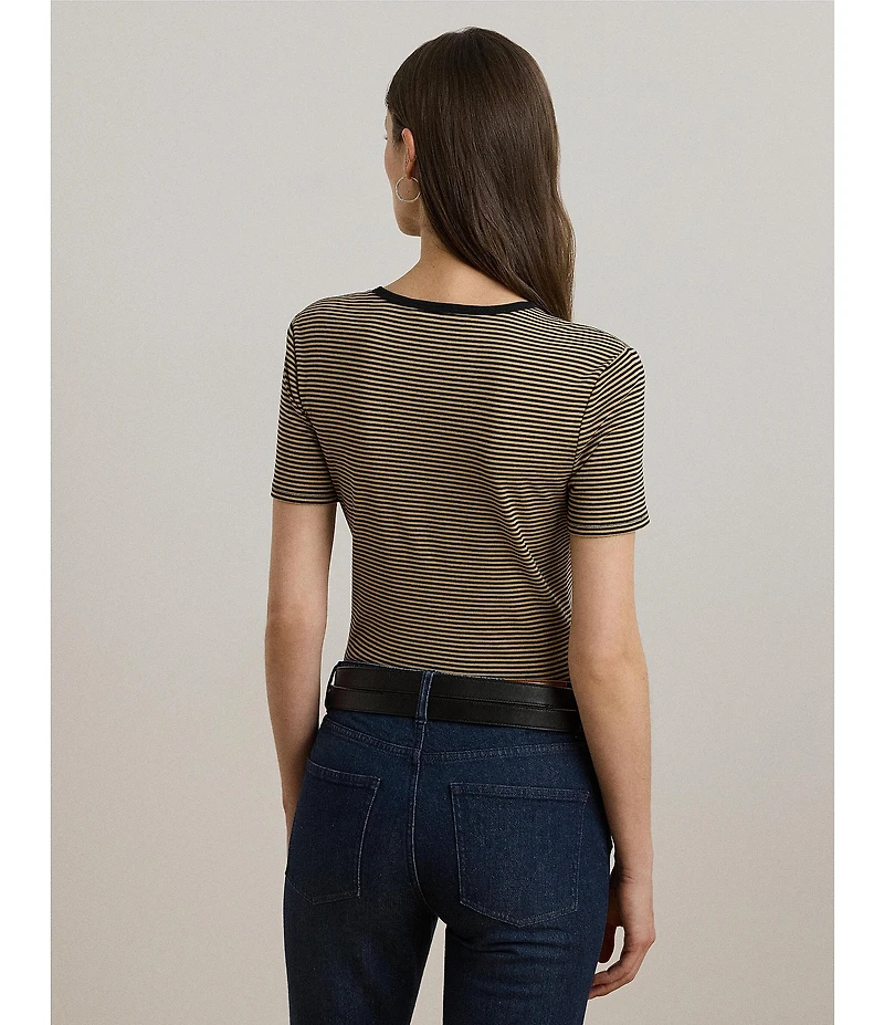 Lauren Ralph Lauren Knit Striped Stretch Cotton Crew Neck Short Sleeve Tee