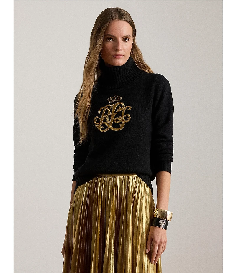Lauren Ralph Lauren Knit Wool Blend Embroidered Logo Turtleneck Sweater