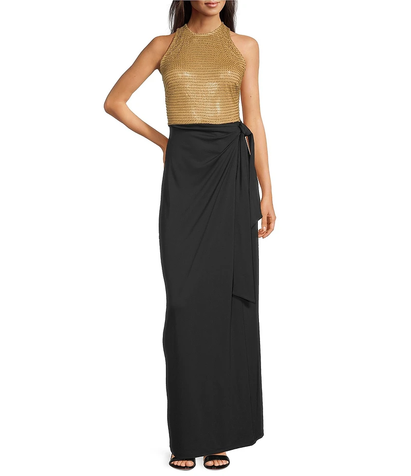Lauren Ralph Lauren Korlisa Beaded Mesh Crew Neck Sleeveless Wrap Column Gown