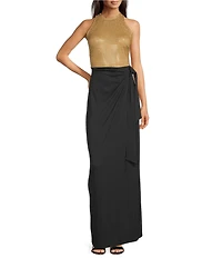 Lauren Ralph Lauren Korlisa Beaded Mesh Crew Neck Sleeveless Wrap Column Gown