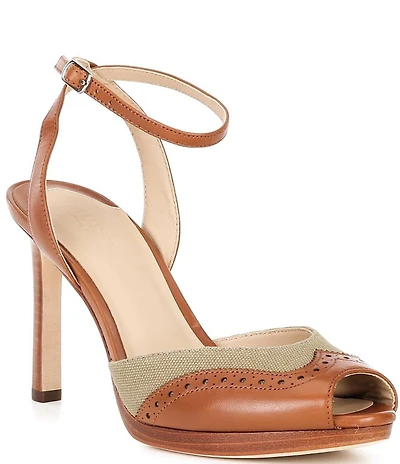 Lauren Ralph Lauren Kyla Canvas Leather Wingtip Oxford Peep Toe Ankle Strap Pumps