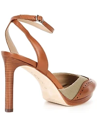 Lauren Ralph Lauren Kyla Canvas Leather Wingtip Oxford Peep Toe Ankle Strap Pumps