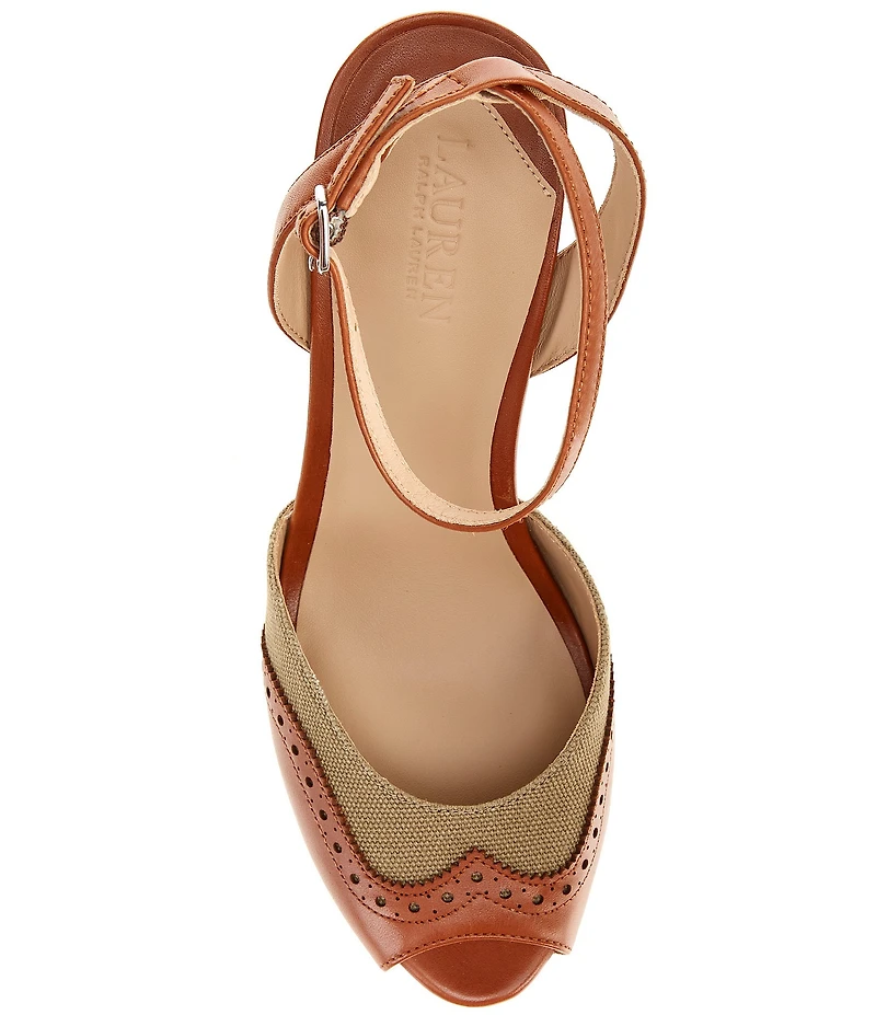 Lauren Ralph Lauren Kyla Canvas Leather Wingtip Oxford Peep Toe Ankle Strap Pumps