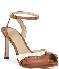 Lauren Ralph Lauren Kyla Straw Leather Wing Tip Peep Toe Ankle Strap Dress Sandals