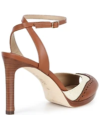 Lauren Ralph Lauren Kyla Straw Leather Wing Tip Peep Toe Ankle Strap Dress Sandals