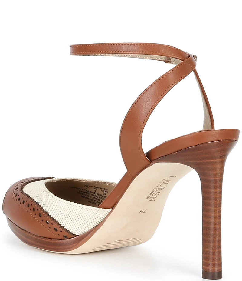 Lauren Ralph Lauren Kyla Straw Leather Wing Tip Peep Toe Ankle Strap Dress Sandals