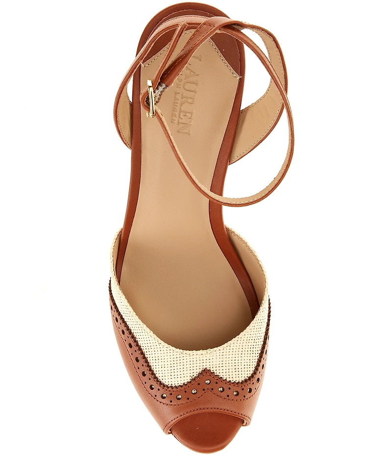 Lauren Ralph Lauren Kyla Straw Leather Wing Tip Peep Toe Ankle Strap Dress Sandals