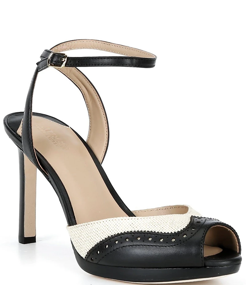 Lauren Ralph Lauren Kyla Straw Leather Wing Tip Peep Toe Ankle Strap Dress Sandals