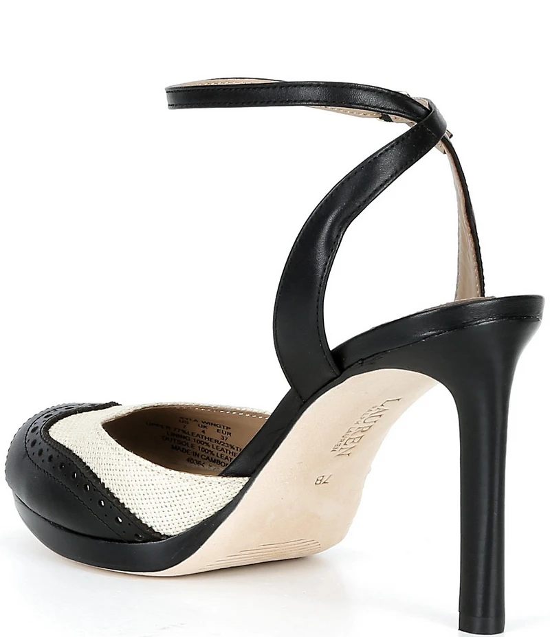 Lauren Ralph Lauren Kyla Straw Leather Wing Tip Peep Toe Ankle Strap Dress Sandals