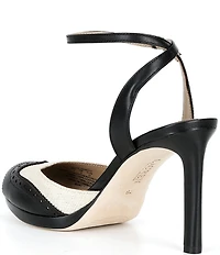 Lauren Ralph Lauren Kyla Straw Leather Wing Tip Peep Toe Ankle Strap Dress Sandals