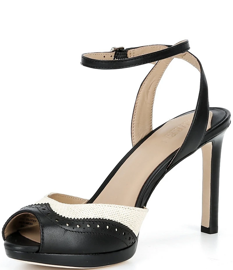 Lauren Ralph Lauren Kyla Straw Leather Wing Tip Peep Toe Ankle Strap Dress Sandals