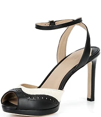 Lauren Ralph Lauren Kyla Straw Leather Wing Tip Peep Toe Ankle Strap Dress Sandals