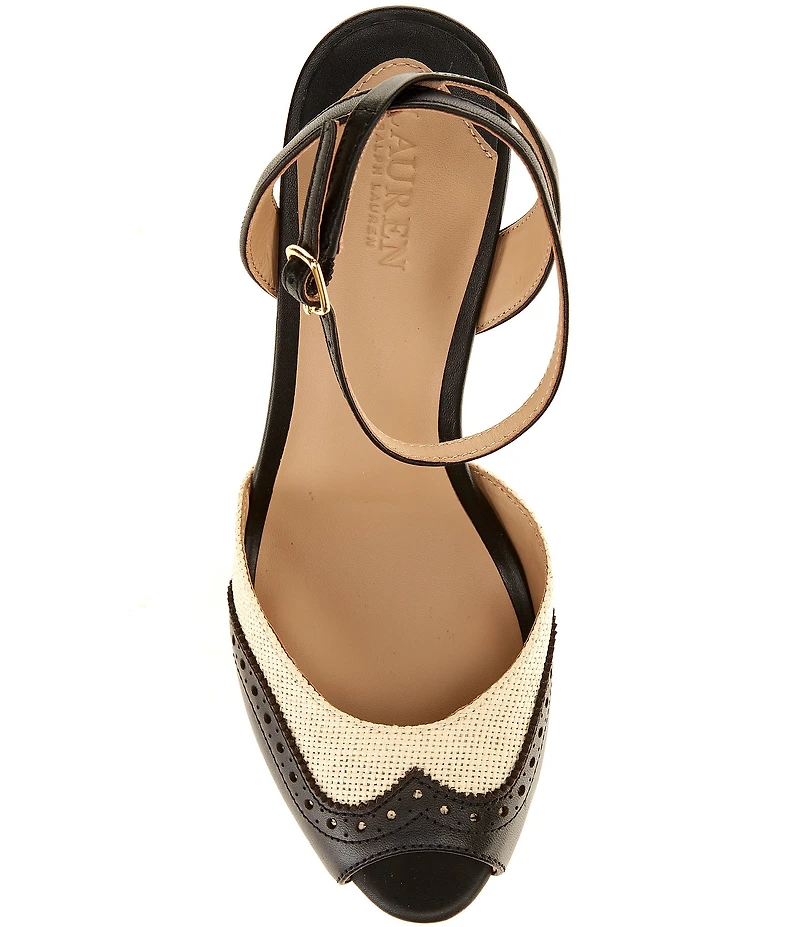 Lauren Ralph Lauren Kyla Straw Leather Wing Tip Peep Toe Ankle Strap Dress Sandals