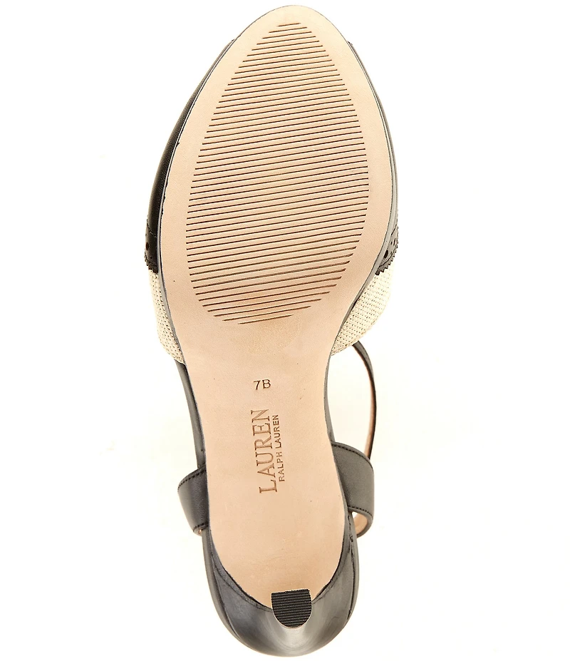 Lauren Ralph Lauren Kyla Straw Leather Wing Tip Peep Toe Ankle Strap Dress Sandals