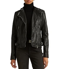 Lauren Ralph Lauren Lambskin Leather Long Sleeve Moto Statement Jacket