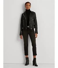 Lauren Ralph Lauren Lambskin Leather Long Sleeve Moto Statement Jacket