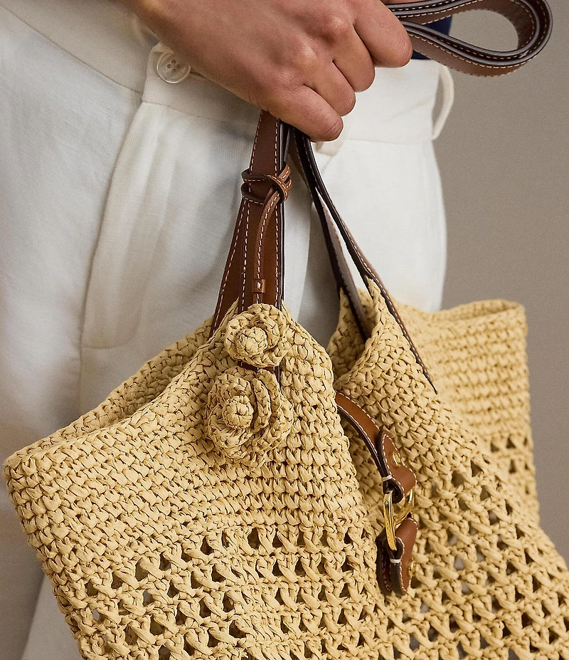 Lauren Ralph Lauren Leather & Crocheted Straw Flower Bag Charm