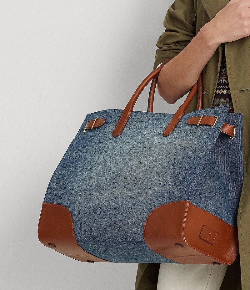 Lauren Ralph Lauren Devyn Denim Leather Trim Large Tote Bag